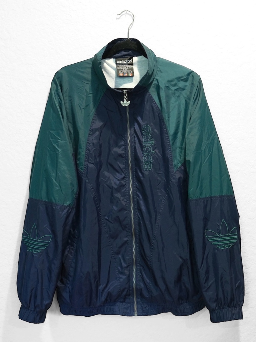 Vintage 90s Adidas Trefoil Windbreaker Jacket Size L Blue Green Logo Full Zip